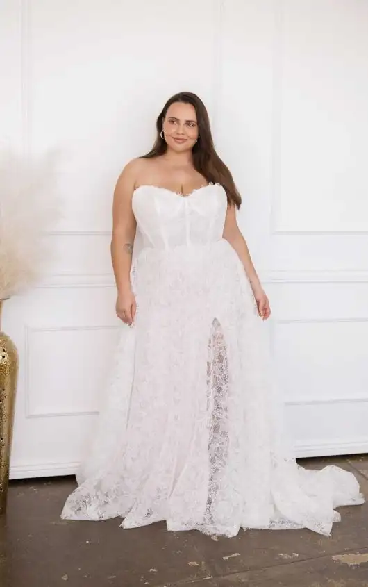 Strapless Boho Lace A-Line Plus Size Wedding Dress with Matching Gloves, Klara+, by All Who Wander