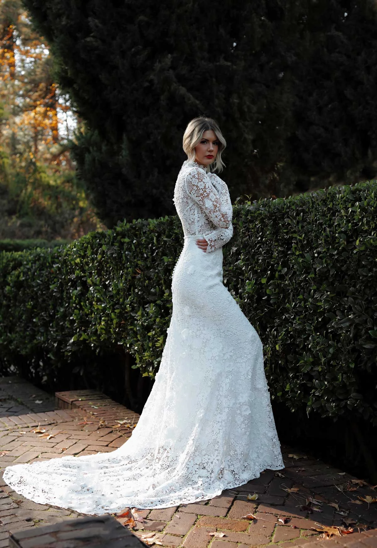 layne Vintage Lace Long Sleeve Boho Column Wedding Dress with High Neckline  by All Who Wander