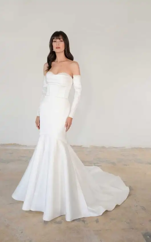 Modern Silk Luxury Fit-and-Flare Wedding Dress with Pearl Couture Accents, LE1280, by Martina Liana Luxe