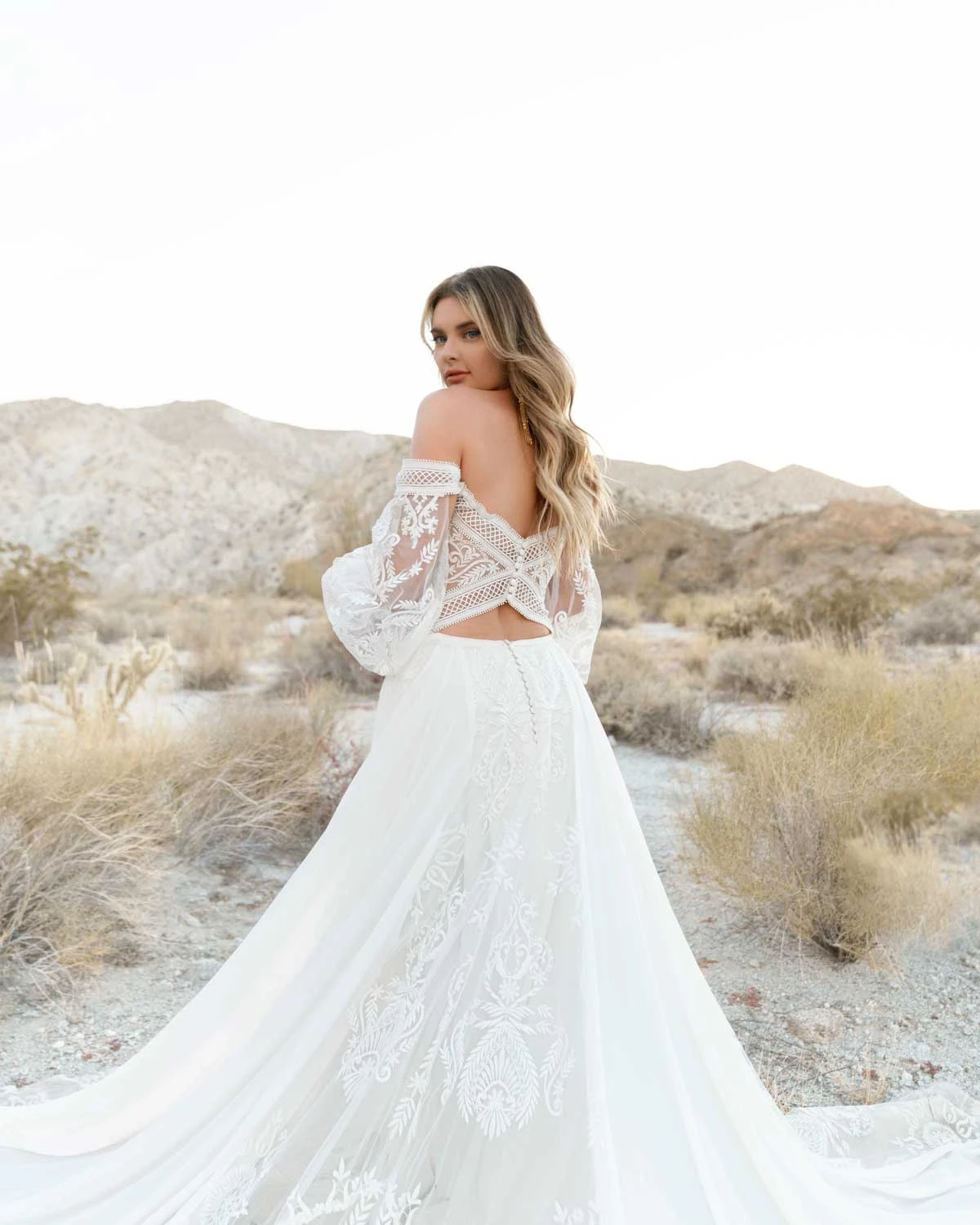 maddox Beachy Boho Off-the-Shoulder Lace Wedding Dress with Long Blouson Sleeves  by All Who Wander