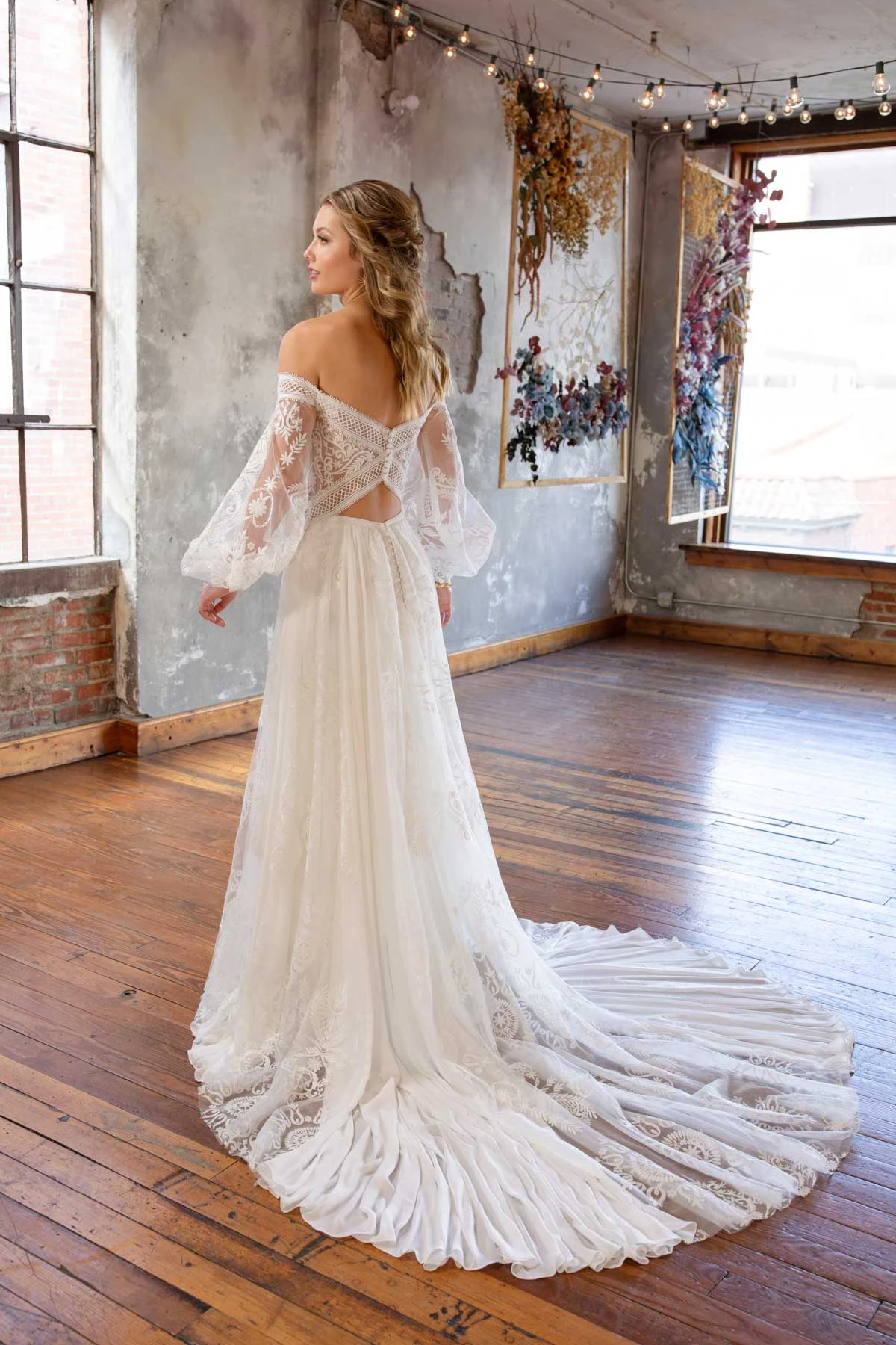 maddox Beachy Boho Off-the-Shoulder Lace Wedding Dress with Long Blouson Sleeves  by All Who Wander
