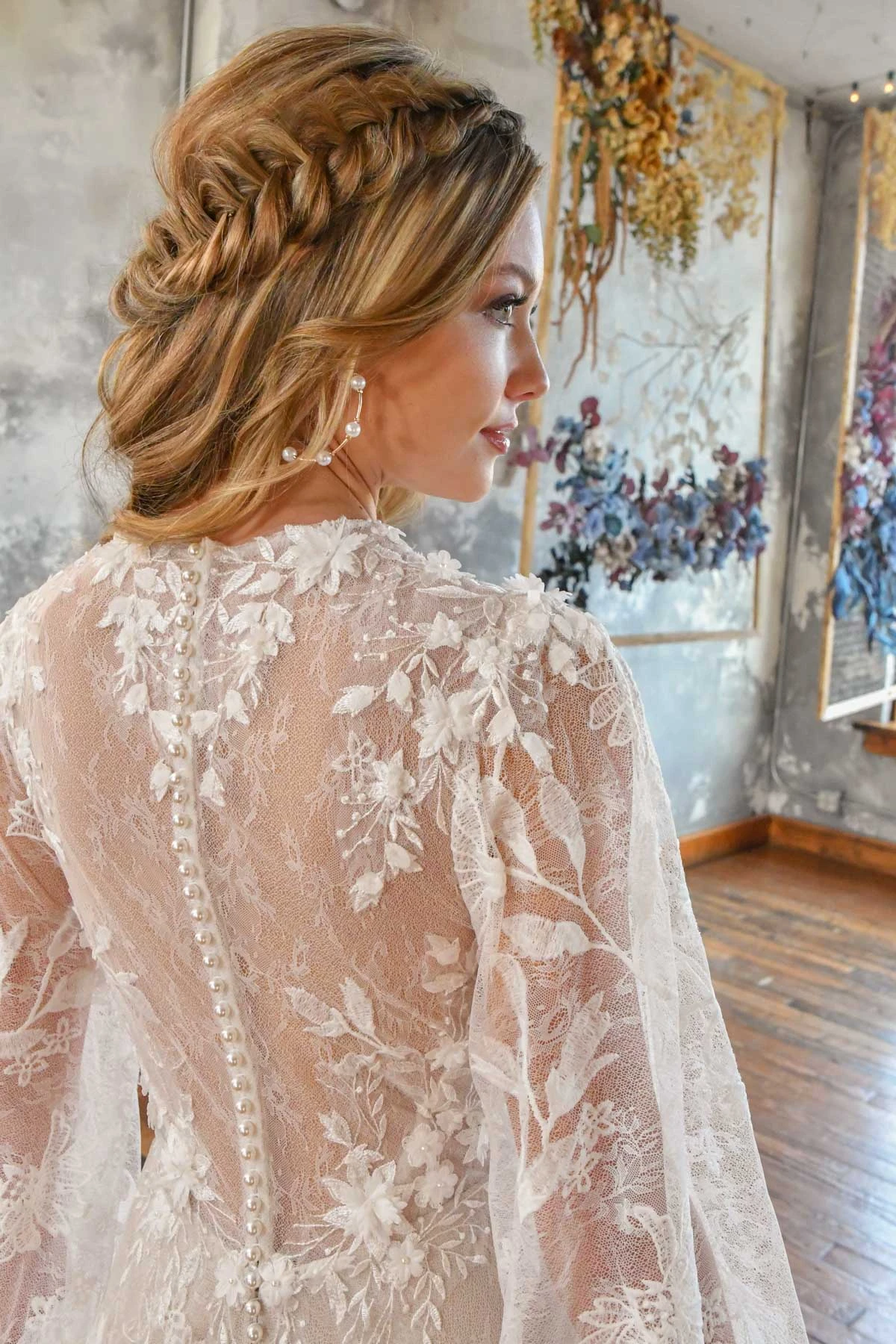 wynter Long Sleeve Lace Boho Wedding Dress with Sheer High Neckline  by All Who Wander