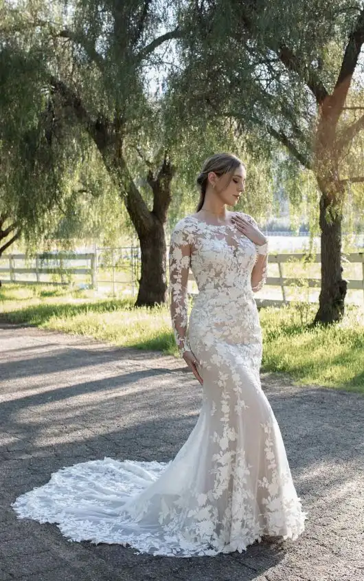Vintage Lace Long Sleeve Fit-and-Flare Wedding Dress with Cutout Train, D3776, by Essense of Australia