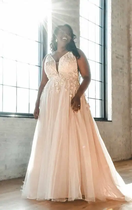 Lace and Tulle A-Line Plus Size Wedding Dress with 3D Details, D3151+, by Essense of Australia