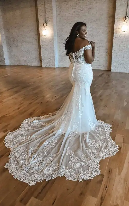 Romantic Off-Shoulder Plus Size Wedding Dress with Scalloped Train, D3247+, by Essense of Australia