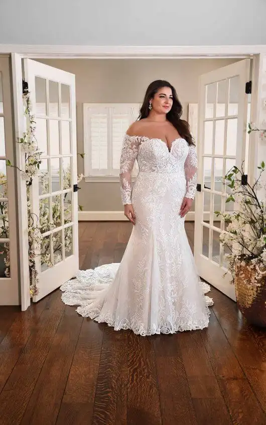 Plus-Size Fit-and-Flare Wedding Dress with Long Sleeves, D3315+, by Essense of Australia