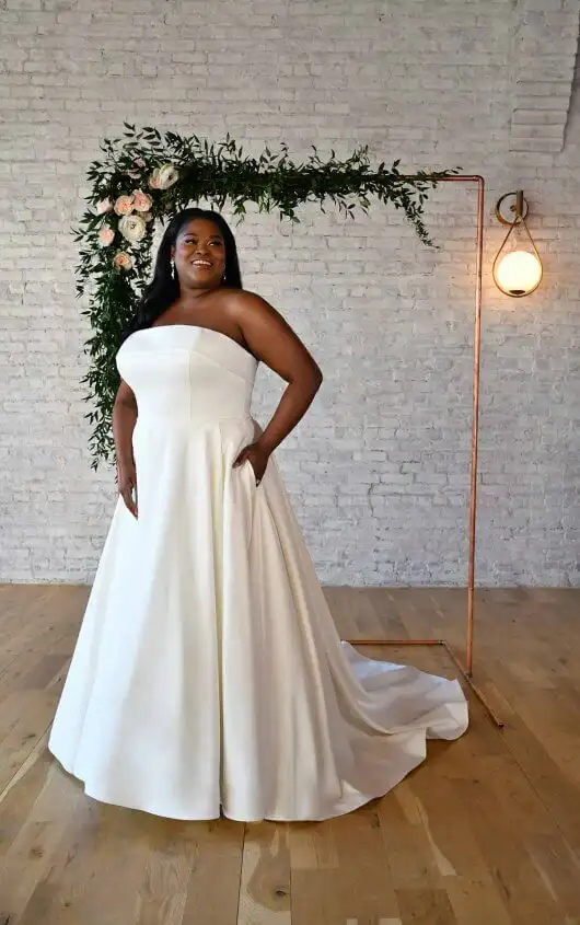 Simple Strapless Plus-Size Wedding Gown with Pockets, 7045+, by Stella York