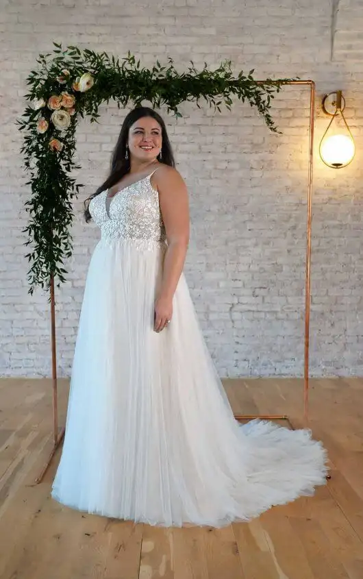 V-Neckline Plus-Size Wedding Dress with Floral Details, 7340+, by Stella York
