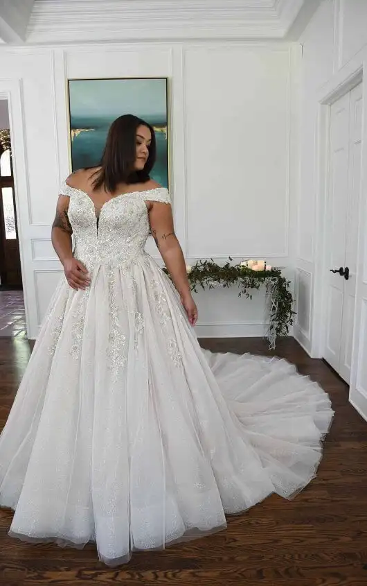 Sparkling Off-Shoulder Plus Size Ballgown with Extra Volume, D3245+, by Essense of Australia