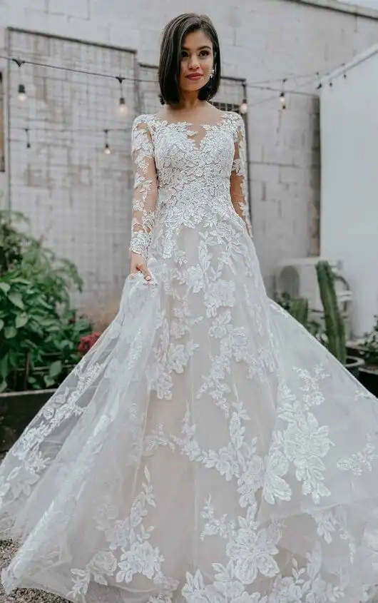 Lace A-Line Wedding Dress with Long Sleeves, D3280, by Essense of Australia