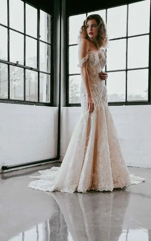 Off-Shoulder  Lace Wedding Dress with Shaped Train, 1267, by Martina Liana