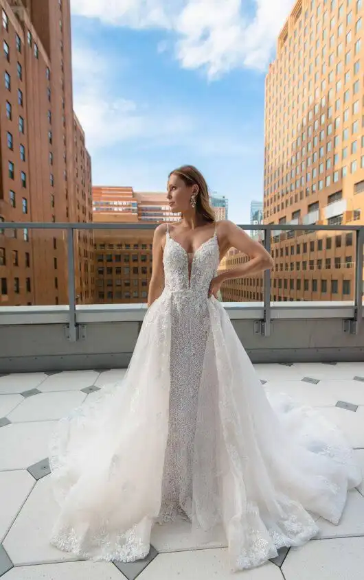 Sleek Fit-and-Flare Beaded Wedding Gown with Overskirt, LE1125, by Martina Liana Luxe