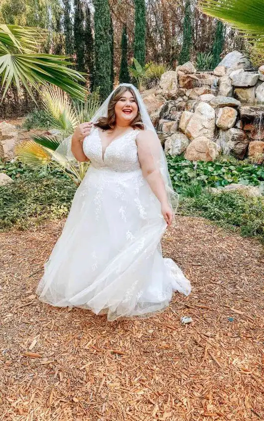 Boho-Style Plus Size Wedding Dress with Sheer Details, 7177+, by Stella York