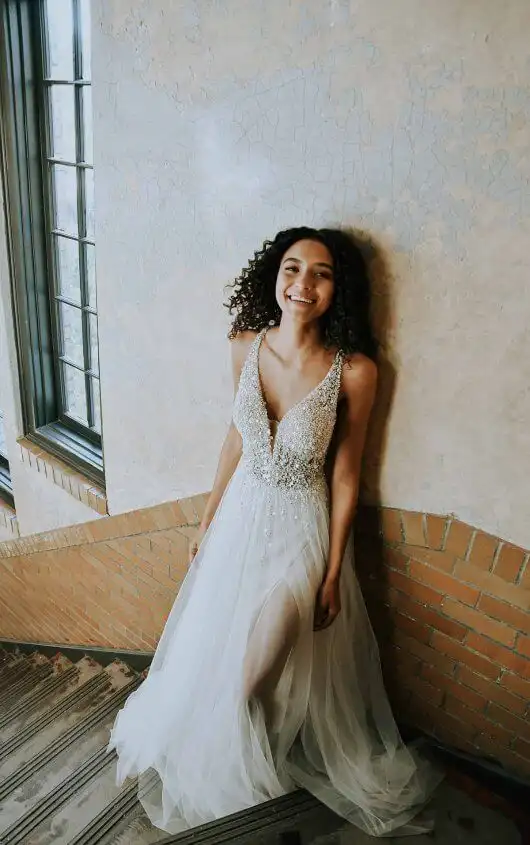 Glamorous Beaded Wedding Dress with Slit, 7328, by Stella York