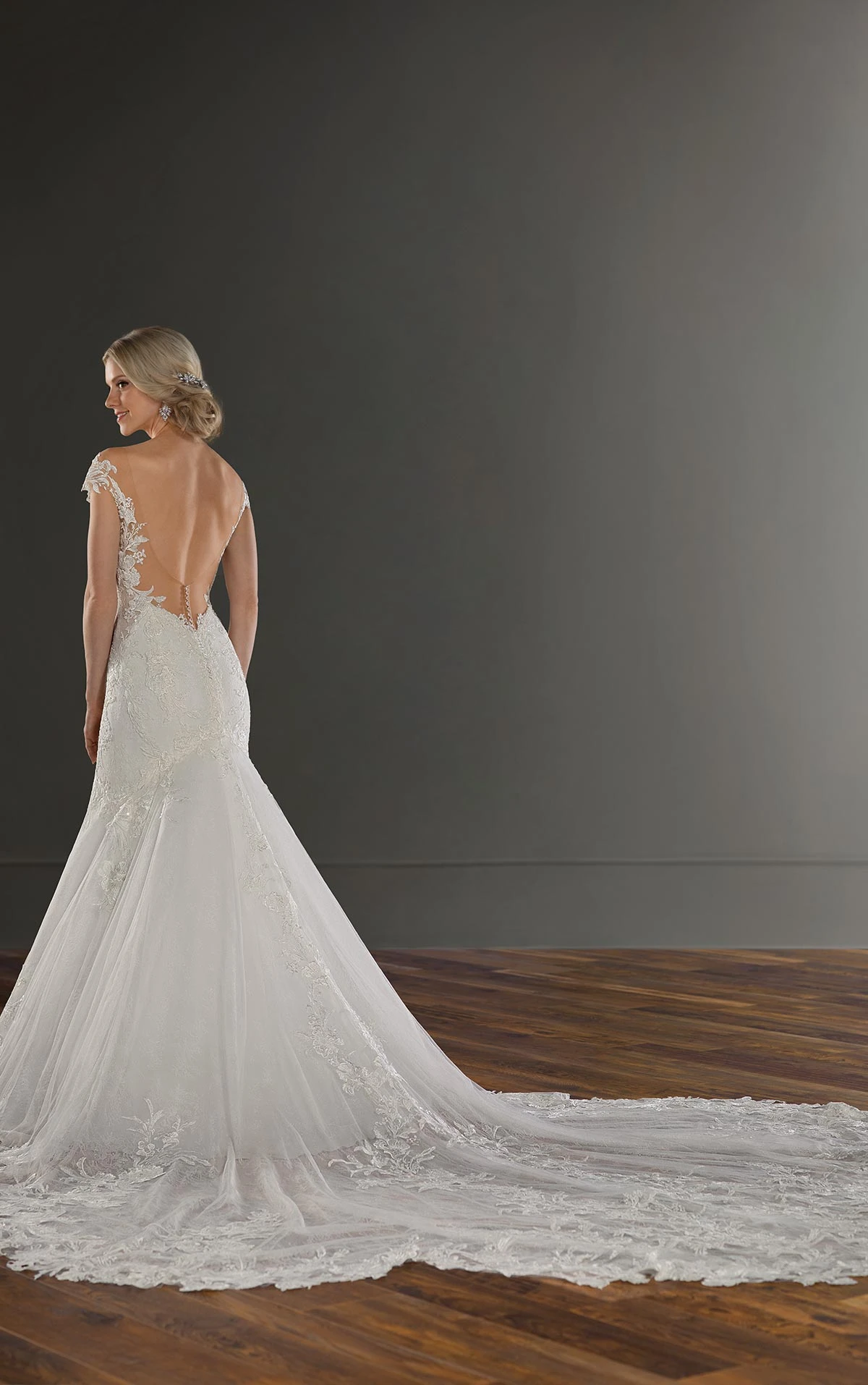 1104 Backless Fit-and-Flare Wedding Dress with Cathedral Train  by Martina Liana