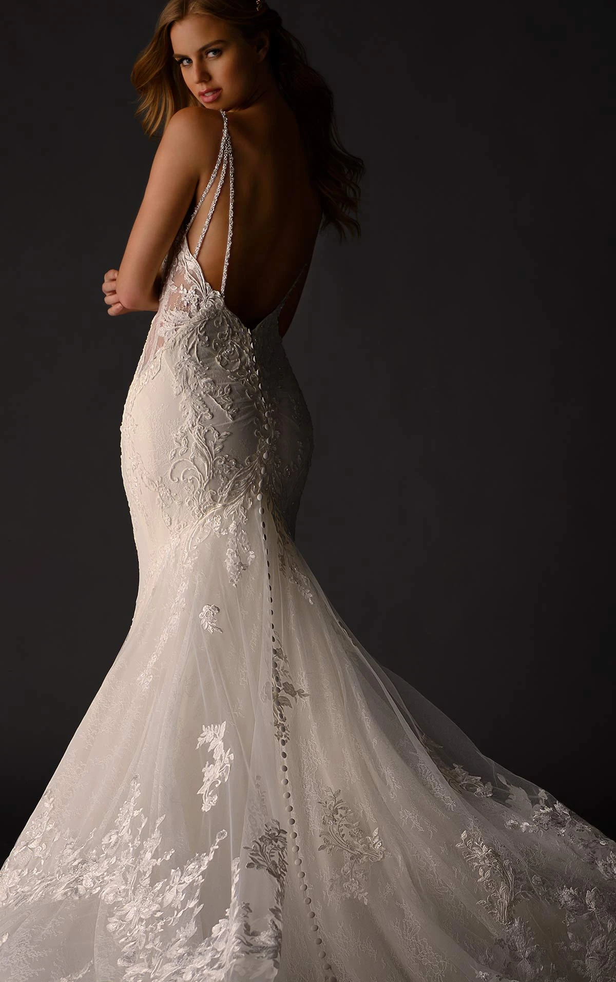 1171 All-Over Lace Fit-and-Flare Wedding Dress with Sheer Sides  by Martina Liana
