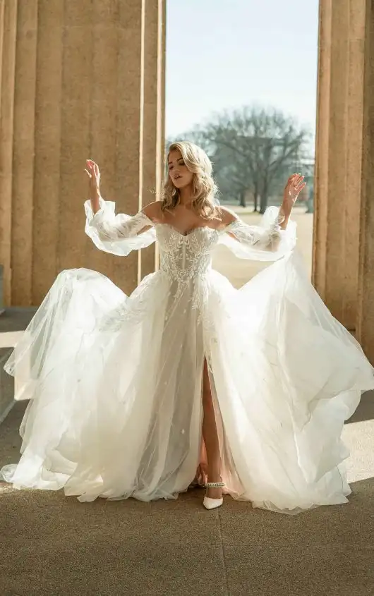 Ethereal Designer Boho A-Line Wedding Dress with Detachable Long Sleeves, D3787, by Essense of Australia