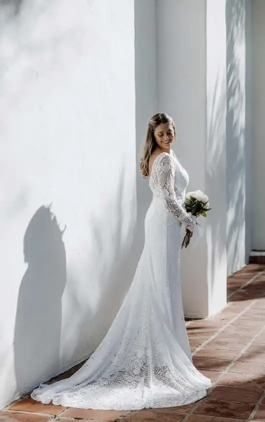 Modern Long Sleeve Lace Column Wedding Dress with Low Back Detail, D3791, by Essense of Australia