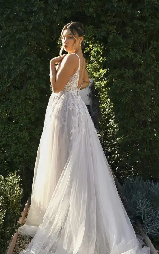 Sexy Modern A-Line Wedding Dress with Sparkling Graphic Lace Accents, D3799, by Essense of Australia