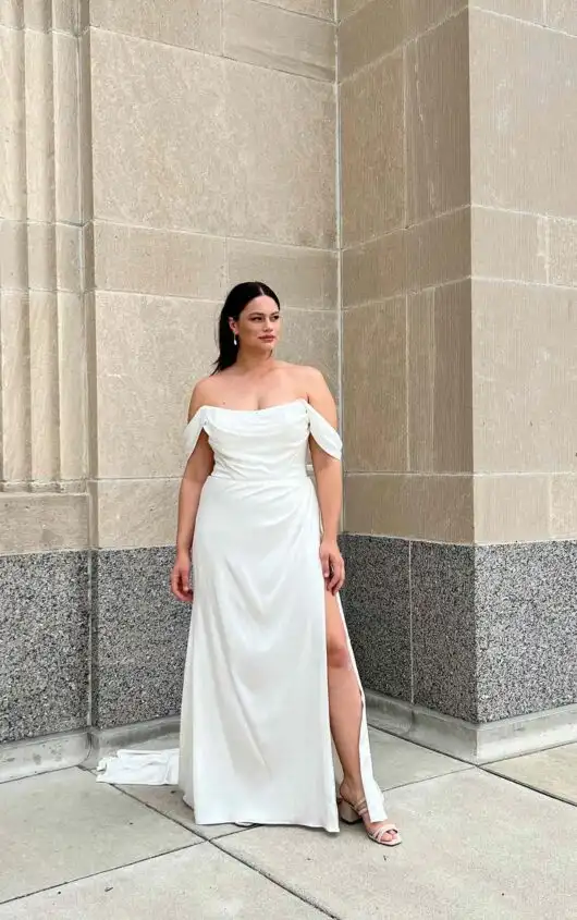 Glamorous Plus Size Silk Satin Wedding Dress with Off-the-Shoulder Straps, 1453+, by Martina Liana