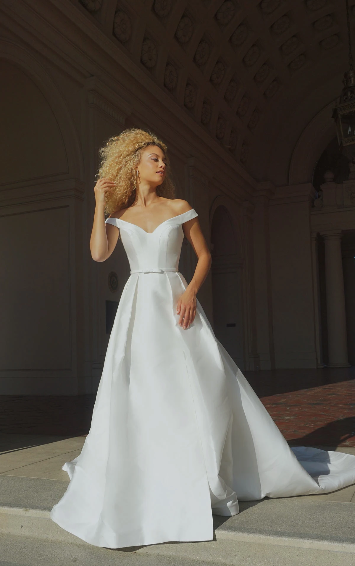 1454 Modern Off-the-Shoulder A-Line Wedding Dress with Detachable Bow Belt  by Martina Liana