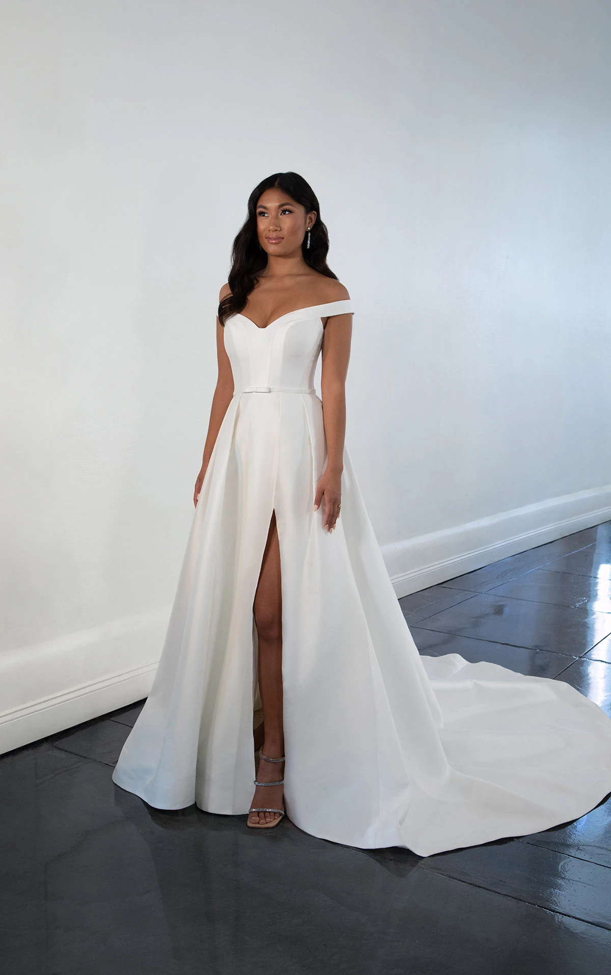 1454 Modern Off-the-Shoulder A-Line Wedding Dress with Detachable Bow Belt  by Martina Liana