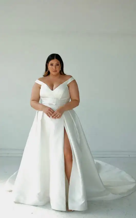 Modern Off-the-Shoulder Plus Size A-Line Wedding Dress with Detachable Bow Belt, 1454+, by Martina Liana