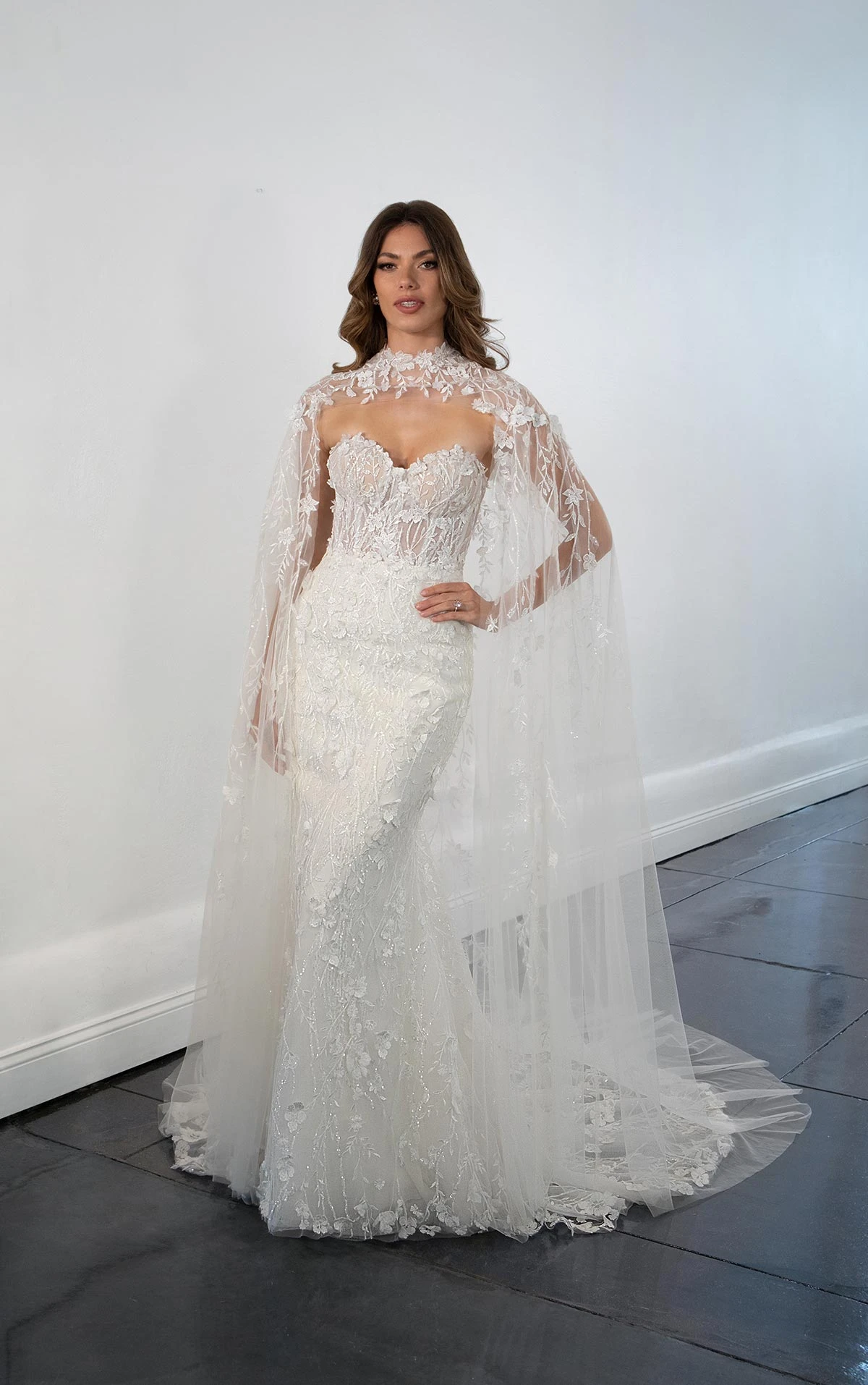 1458 Timeless Strapless Lace Column Wedding Dress with Detachable Bridal Jacket  by Martina Liana