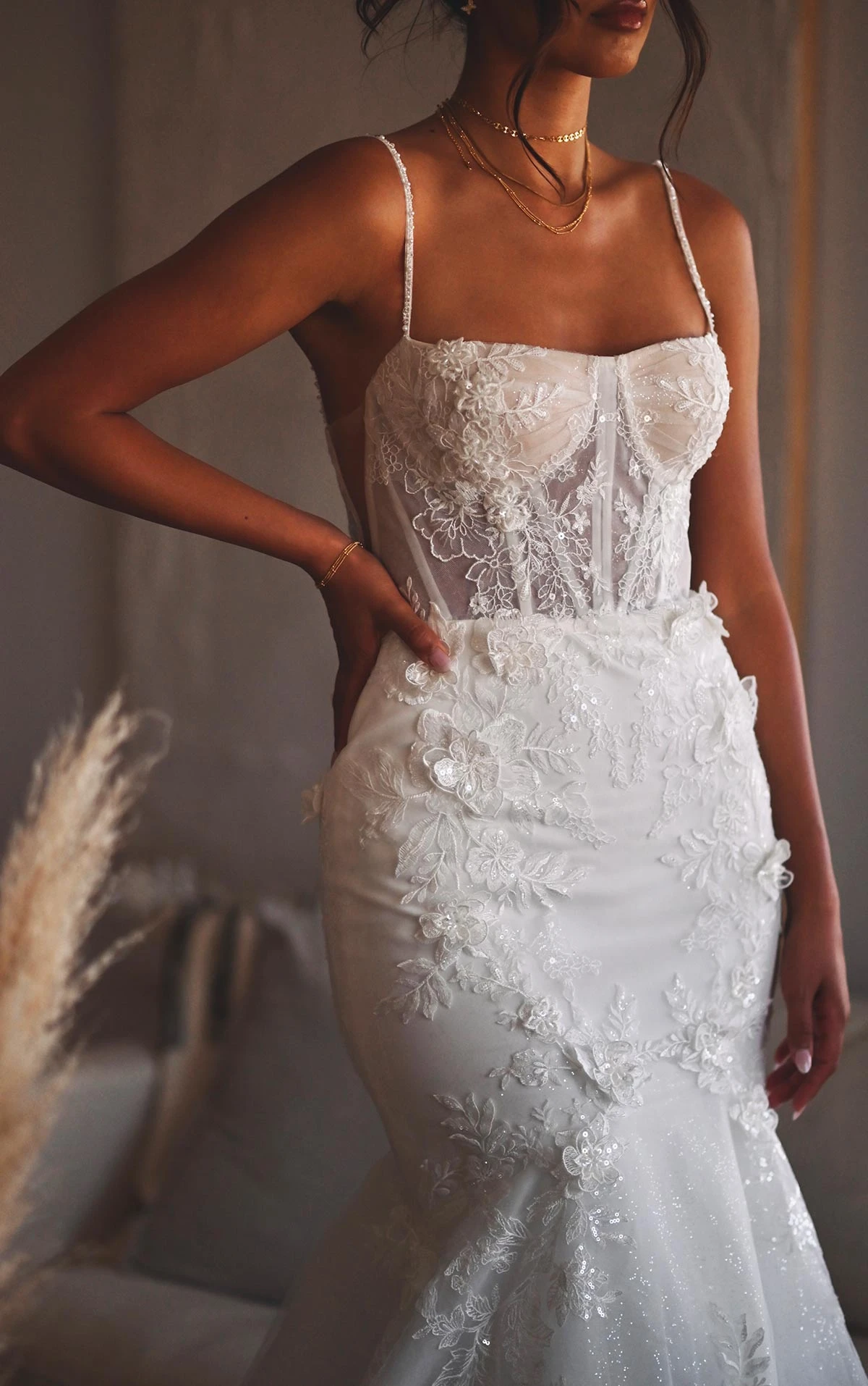 1488 Sparkling Lace Spaghetti Strap Wedding Dress with Corset Bustier Bodice  by Martina Liana