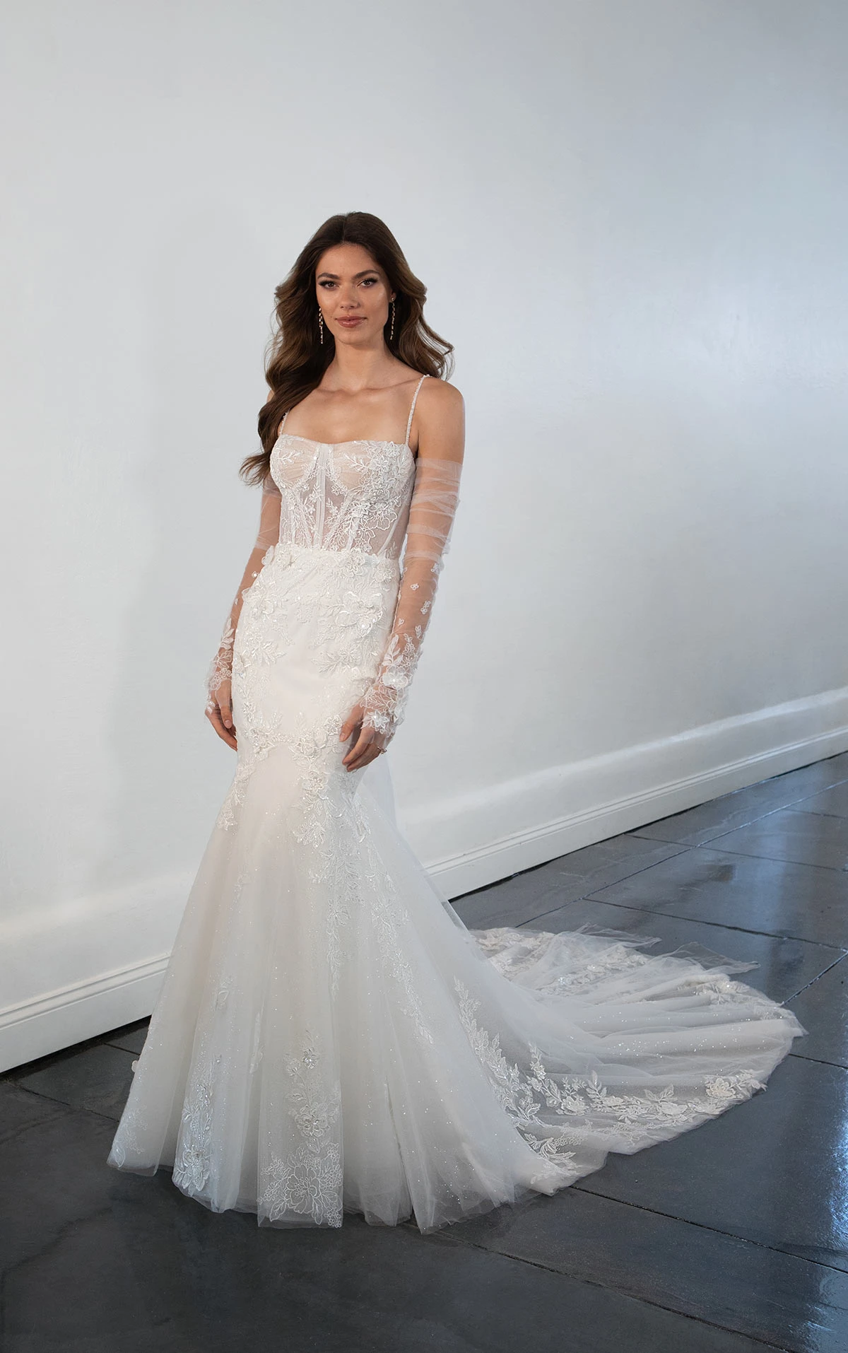 1488 Sparkling Lace Spaghetti Strap Wedding Dress with Corset Bustier Bodice  by Martina Liana