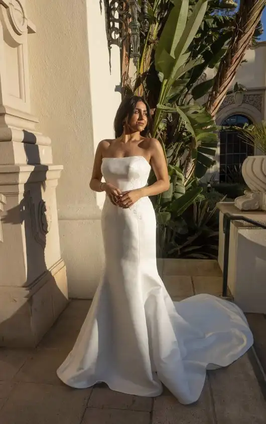 Simple Strapless Satin Fit-and-Flare Wedding Dress with Long Train, D3780, by Essense of Australia
