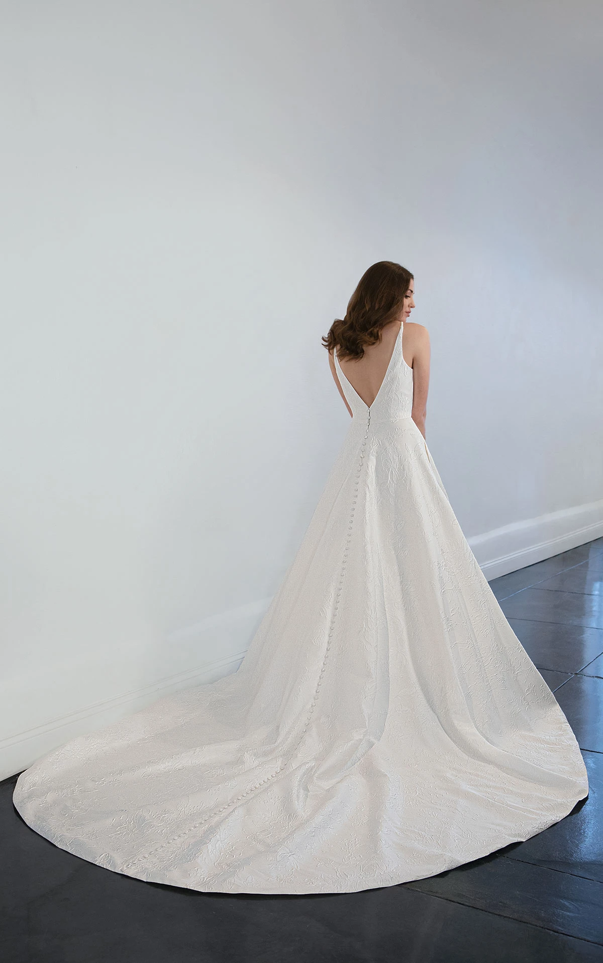 1504 Modern A-Line Silk Wedding Dress with V-Back and Long Train  by Martina Liana