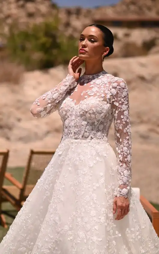 Modest Long Sleeve Lace A-Line Wedding Dress with High Neckline, 1517, by Martina Liana