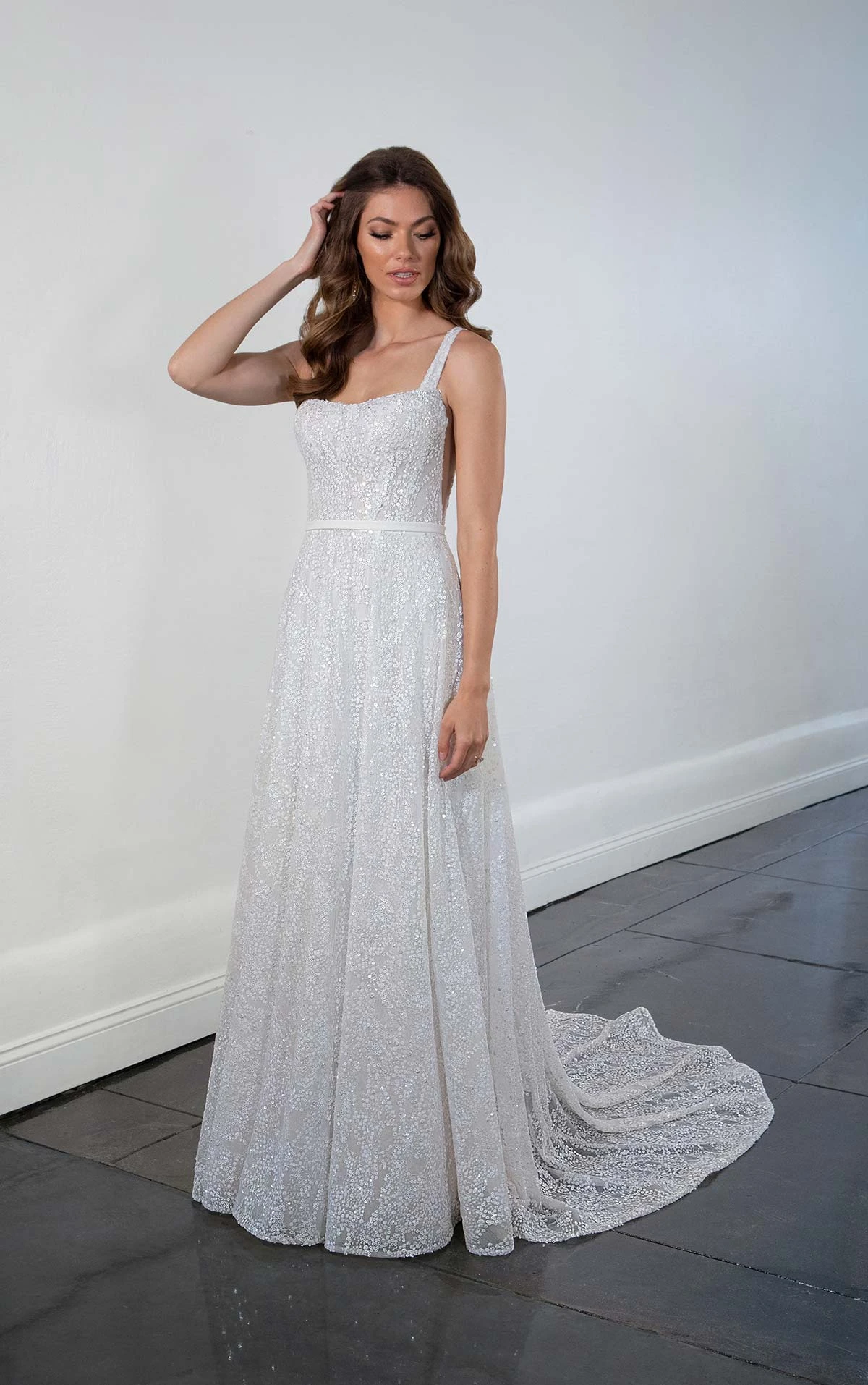 1519 Sparkling Sequin A-Line Wedding Dress with Sexy Side Plunge Cutouts  by Martina Liana