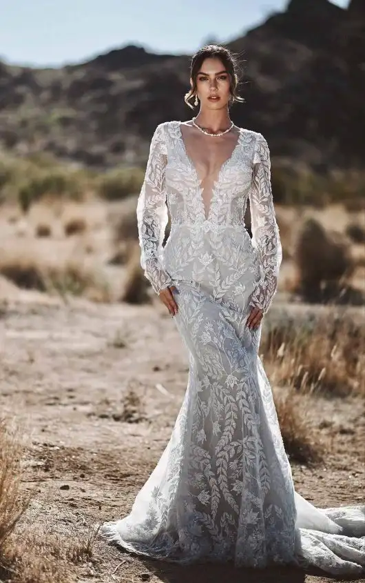 Glamourous Long Sleeve Lace Column Wedding Dress with Sparkle Underlay, 1525, by Martina Liana