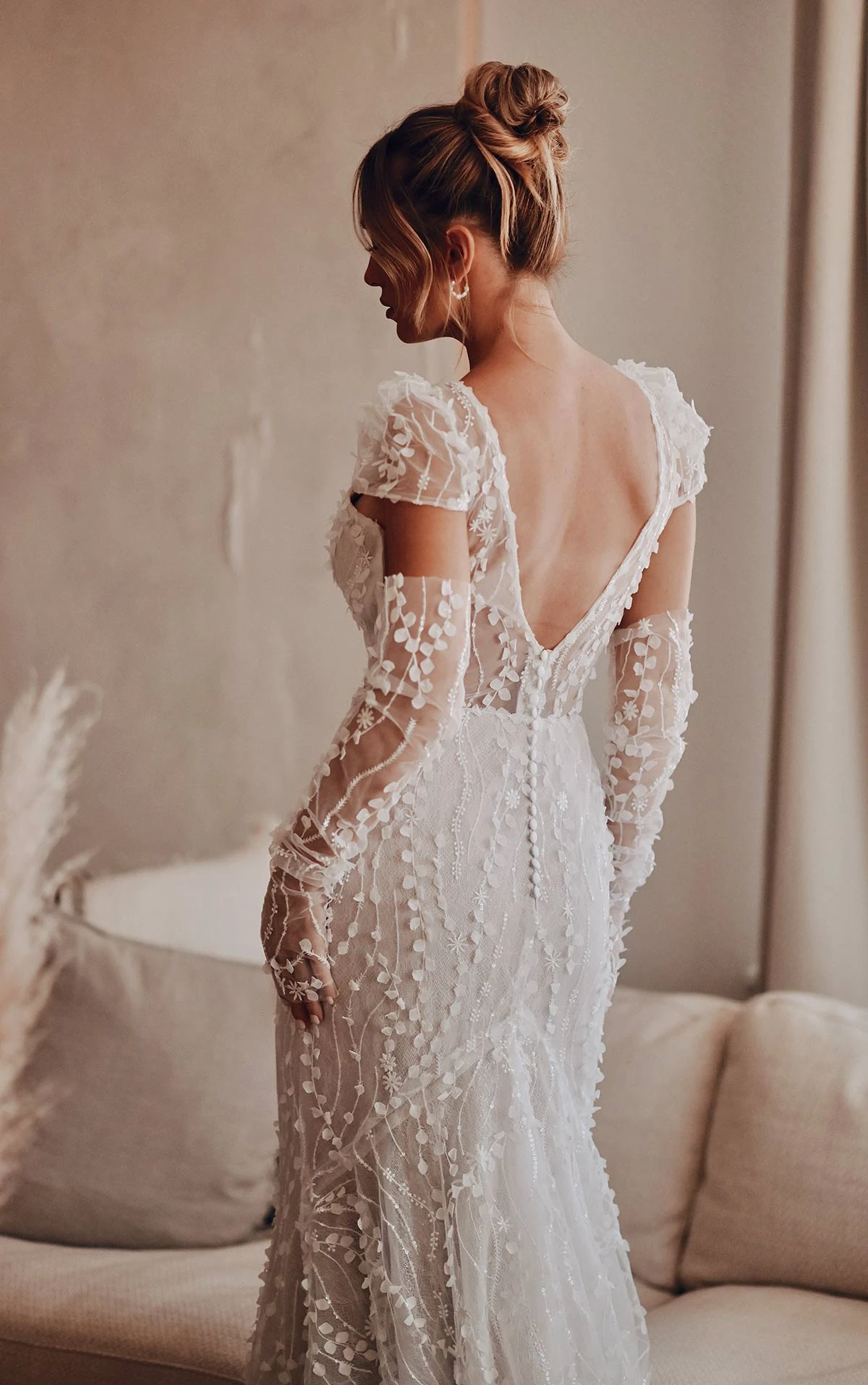 1526 Elegant Short Sleeve Column Wedding Dress with 3D Floral Detail  by Martina Liana