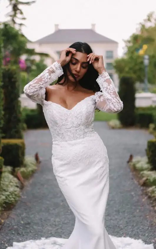 Glamourous Off-the-Shoulder Sheath Lace Wedding Dress with Cutout Train, 1537, by Martina Liana