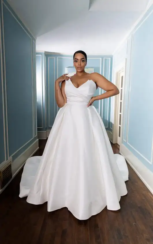 Modern Strapless Silk Plus Size A-Line Wedding Dress with Long Cathedral Train, 1557+, by Martina Liana