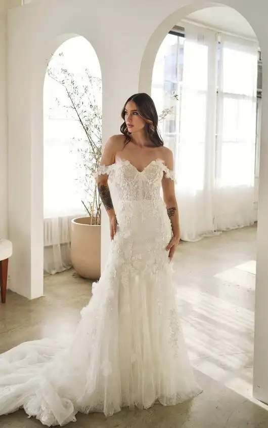 Sexy Sparkle Lace Fit-and-Flare Wedding Dress with Off-the-Shoulder Straps, 1612, by Martina Liana