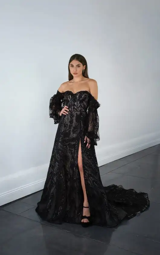 Stunning Black Leaf Lace Wedding Dress with Off-the-Shoulder Blouson Sleeves , 1633BLK, by Martina Liana