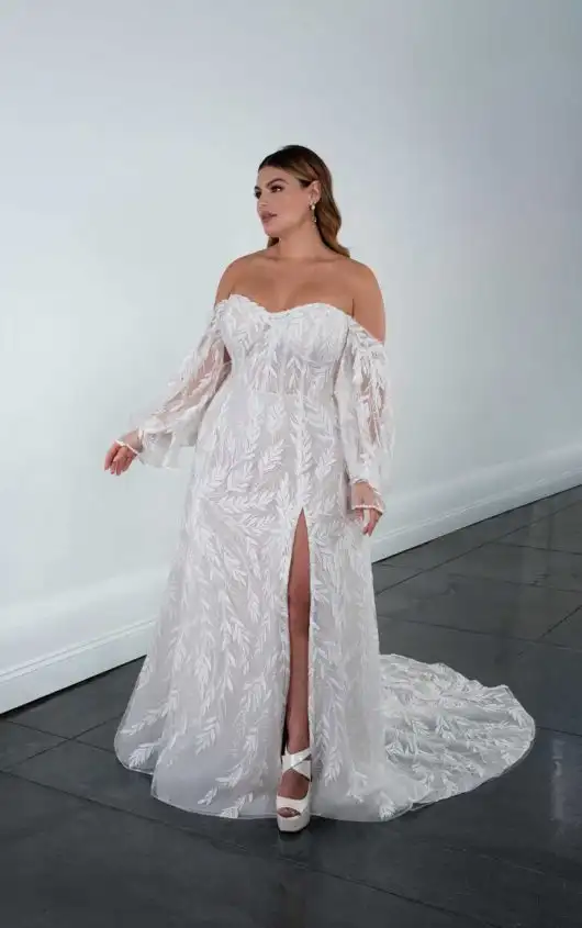 Fashion-Forward Leaf Lace Plus Size A-Line Wedding Dress with Off-the-Shoulder Blouson Sleeves, 1633+, by Martina Liana