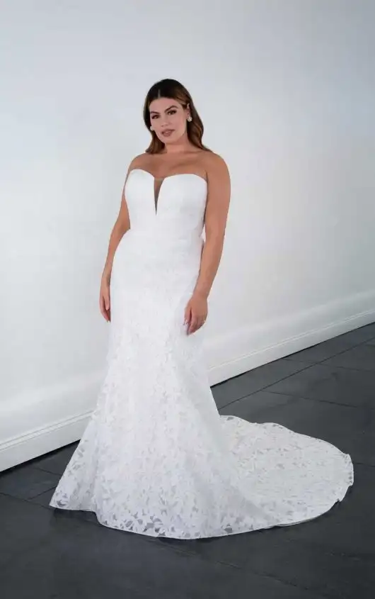 Sophisticated Matte Lace Strapless Fit-and-Flare Plus Size Wedding Dress with Plunging Notch Neckline, 1645+, by Martina Liana