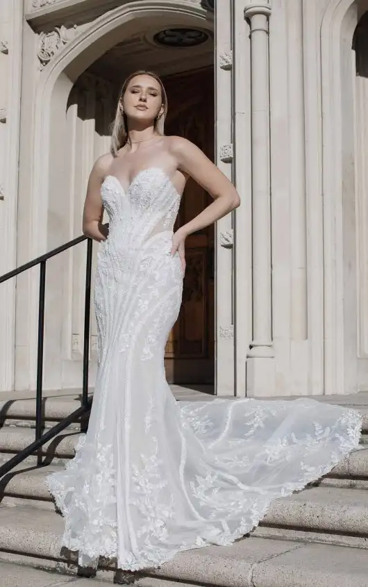 Sexy Strapless Modern Lace Fit-and-Flare Wedding Dress with Shaped Train, D3838, by Essense of Australia