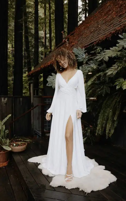 Long Sleeve Chiffon Boho Wedding Dress with Sexy Side Slit, KAIT, by All Who Wander