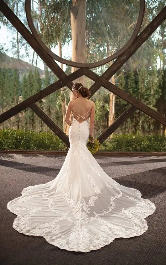 Romantic High Neckline Fit-and-Flare Wedding Gown with Shaped Train, D2835, by Essense of Australia