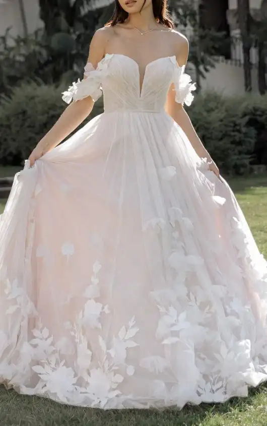 Whimsical Tulle Ballgown Wedding Dress with 3D Florals and Off-the-Shoulder Straps, D3734, by Essense of Australia