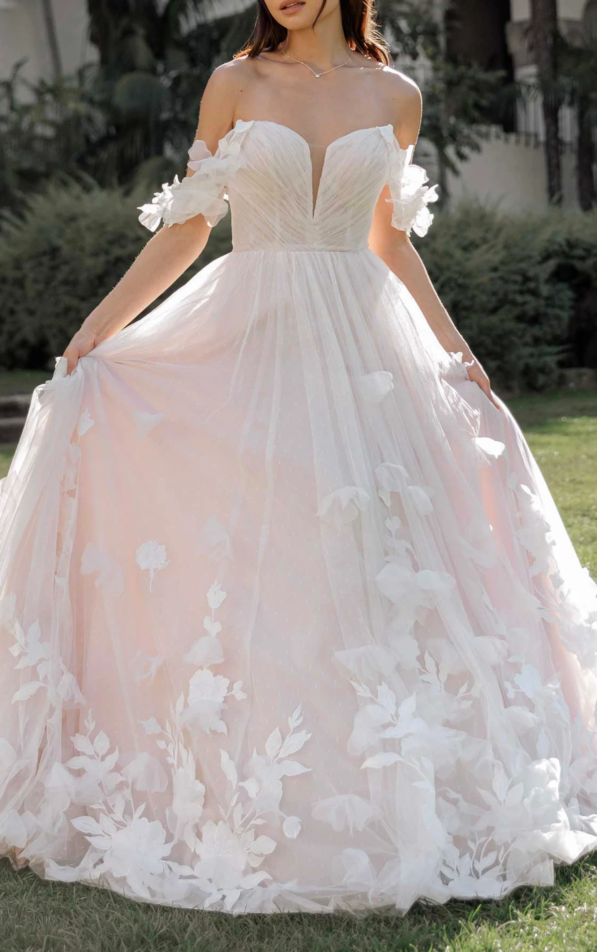 d3734 Whimsical Tulle Ballgown Wedding Dress with 3D Florals and Off-the-Shoulder Straps  by Essense of Australia