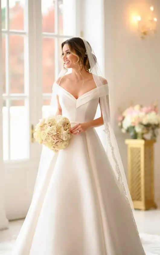 Simple Ballgown Wedding Dress with Off-the-Shoulder Sleeves, 6865, by Stella York