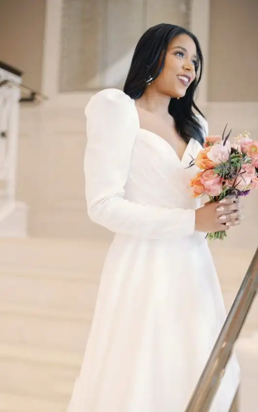 Chic Long Sleeve A-Line Satin Wedding Dress with Soft V-Neckline, D3752, by Essense of Australia