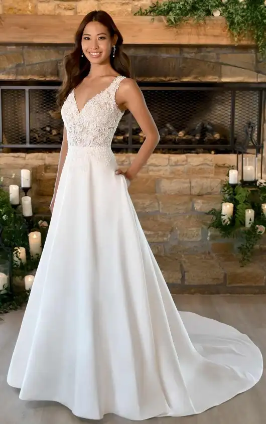 Simple A-Line Wedding Dress with Floral Lace Bodice, 7216, by Stella York